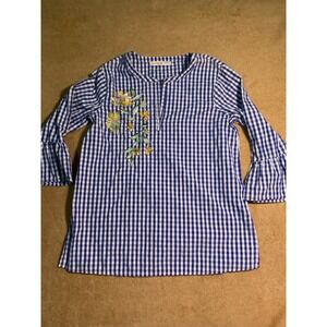 Signature Collection Sz (4/6) Blue White Checkered Blouse Floral Embroidery (C)